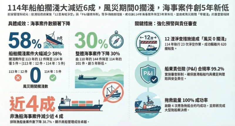 航港局強化航安管理有成！114年船舶擱淺大減近6成 海事案件創5年新低