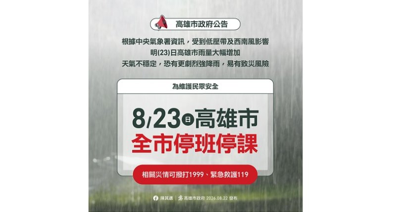 豪雨來襲！高雄明日停班停課