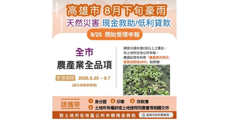 高市成功爭取8月下旬豪雨農產全品項災害現金救助  8/25起受理申請