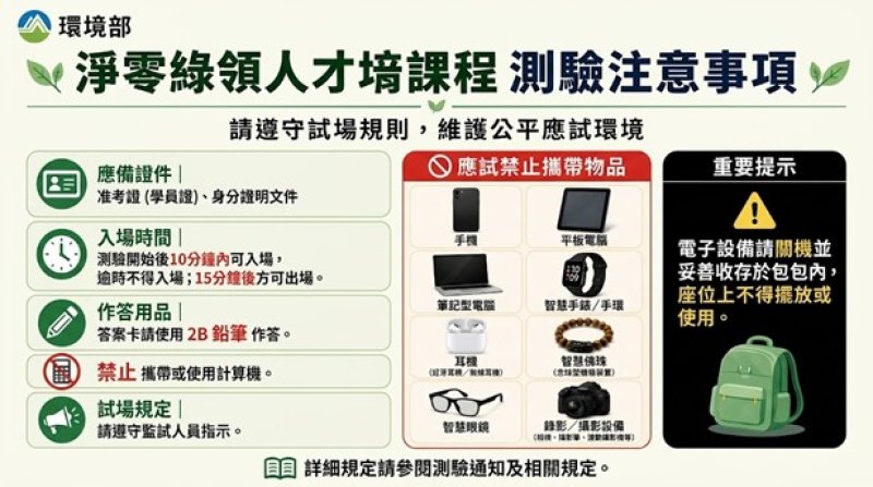 環境部「淨零綠領人才培育課程」第 2 次全國測驗 9/ 5日登場 全國 12 個考區近千人應試